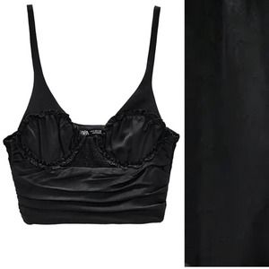 Zara Black Satin Effect Ruched Drape Cropped Top.
